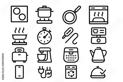 Collection of kitchen appliance icons including stove, toaster, and kettle