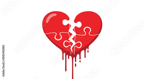A broken red heart made of puzzle pieces is dripping blood, symbolizing heartbreak.