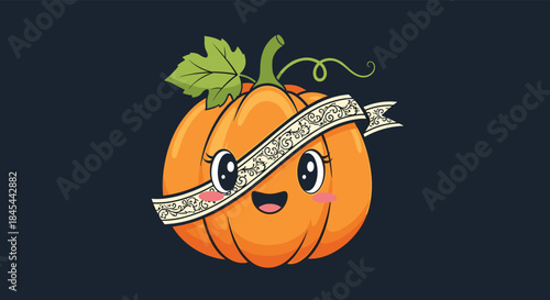 A cute cartoon pumpkin character with a wide smile and blush cheeks is adorned with an ornate scroll ribbon on a dark background.