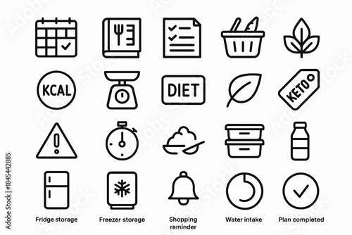 Healthy lifestyle icons: diet, nutrition, food storage, and fitness essentials