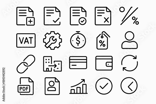Set of black finance and business icons featuring documents, payments, and analytics