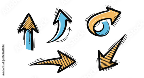 A set of whimsical, hand-drawn cartoon arrows in orange and blue, illustrating diverse directions and dynamic movements with a sketchy aesthetic.