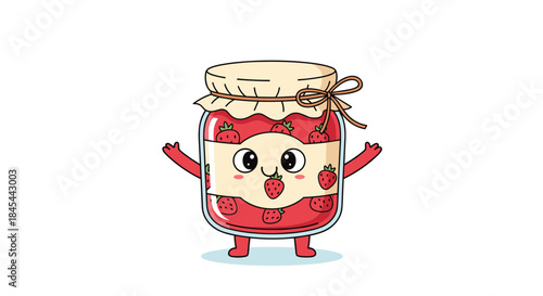 Cute cartoon strawberry jam jar character with arms and legs, looking excited.