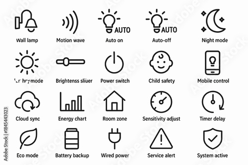 Smart home icon set: energy, security, automation symbols