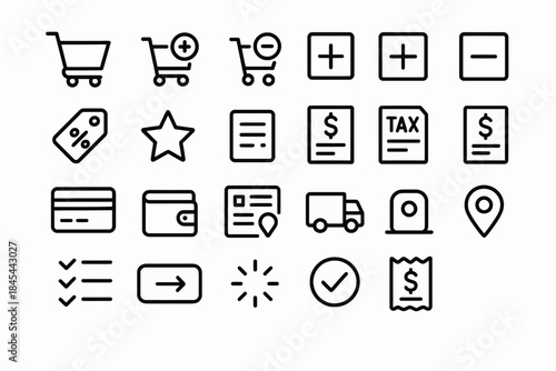 Minimalist e-commerce and shopping icon set with cart, tag, payment, delivery, and checklist