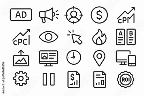 Digital marketing icon set representing advertising metrics and strategies