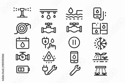 Watering systems and tools: drip irrigation, sprinklers, valves, and sensors icons set