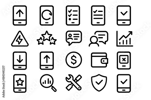 Vector icons set: mobile interface, analytics, communication, finance, tools, security