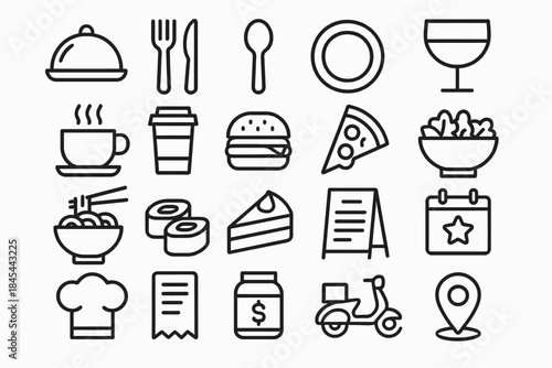 Black and white food and drink icon set with restaurant and delivery symbols