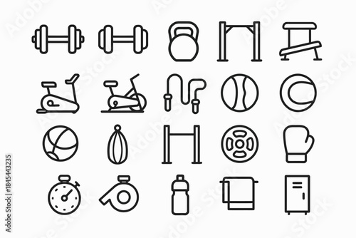 Set of gym equipment icons: dumbbells, kettlebell, exercise bike, stopwatch