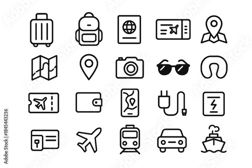 Vector travel icons: transportation, navigation, and essentials for journeys
