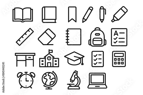 School supplies icons: book, backpack, calculator, pen, ruler, globe, laptop, microscope