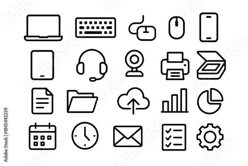 Outline icons of office equipment: laptop, headset, printer, graphs, clock