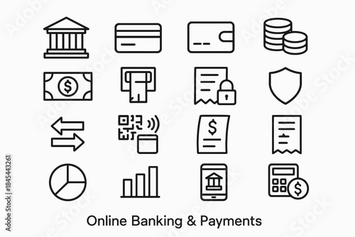 Online banking and payments icon set with financial symbols