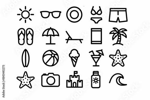 Summer beach icons: sun, umbrella, sandals, camera, surfboard and more