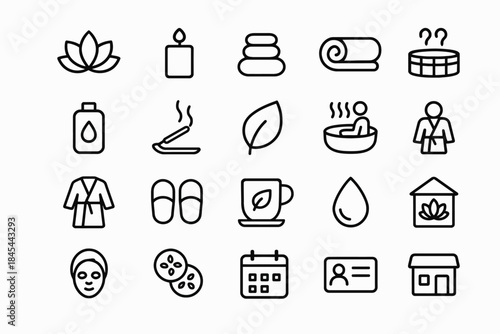 Spa and relaxation icons: candle, lotus, sauna, bath, slippers, aromatherapy, massage, wellness