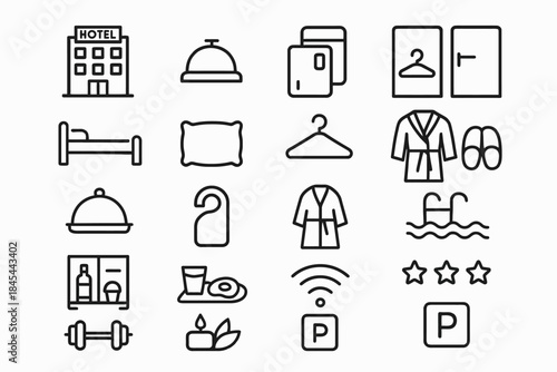 Hotel icons collection: bed bell pool parking wifi robe hanger pillow sauna
