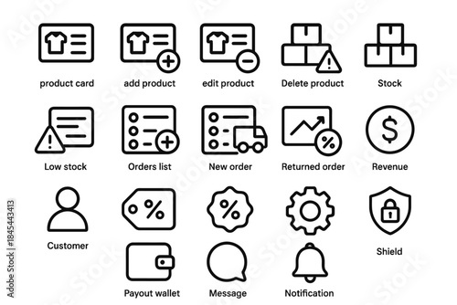 E-commerce management icons: product, order, revenue, customer, security, wallet