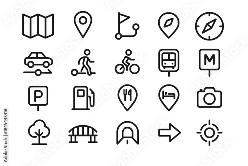 Transport and navigation icons set: map, location, car, bicycle, bus, metro, parking, fuel, restaurant