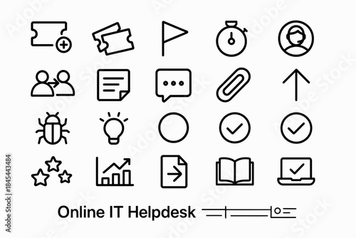 Online it helpdesk icons: support, tickets, chat, tools, solutions