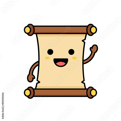 Cute Ancient Scroll Character with Happy Face Kawaii Paper Parchment Mascot for Wisdom and Education