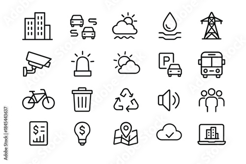 Set of urban infrastructure and technology icons including transport, energy, and environment symbols