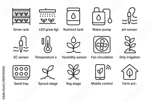 Smart hydroponics icons: sensors, control, and plant growth stages illustrated