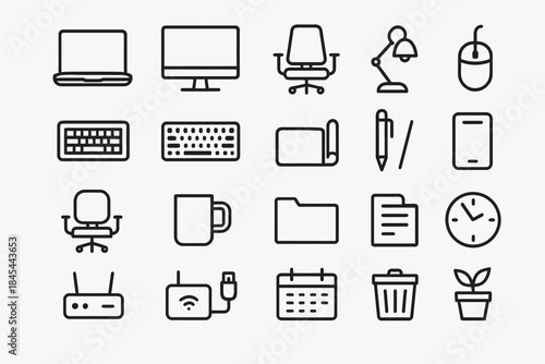 Minimalistic office icons set: laptop, chair, lamp, mouse, and more