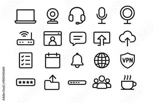 Set of technology and communication icons including vpn, cloud, and microphone