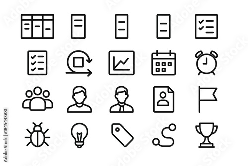 Set of minimalist business and productivity line icons for projects and management