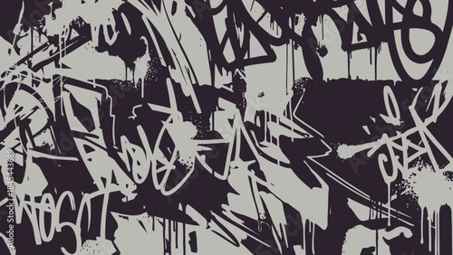 Graffiti Tags Dripping Paint on Urban Wall in Grey and Black Grunge Style Seamless Pattern
