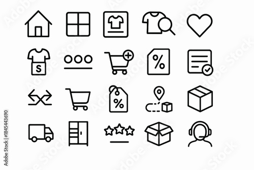 E-commerce icon set with shopping cart, heart, t-shirt, and delivery symbols