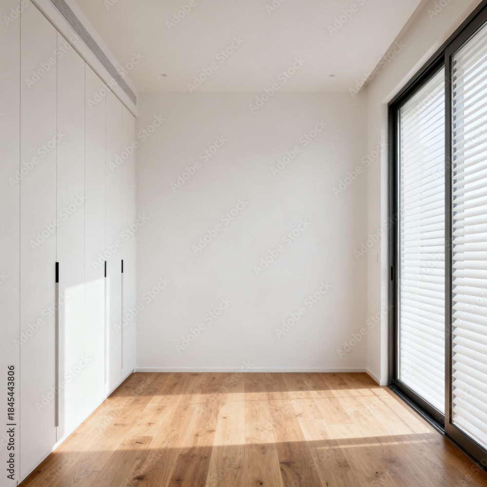 Obraz premium Minimalist empty room with wooden floor and white closet