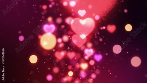 Abstract background with glowing pink and red heart shapes and bokeh light effect, perfect for romance and valentines day celebration