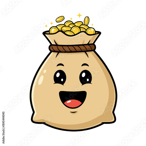 Cute Money Bag Character with Golden Coins Kawaii Sack Mascot for Wealth Savings and Financial Success
