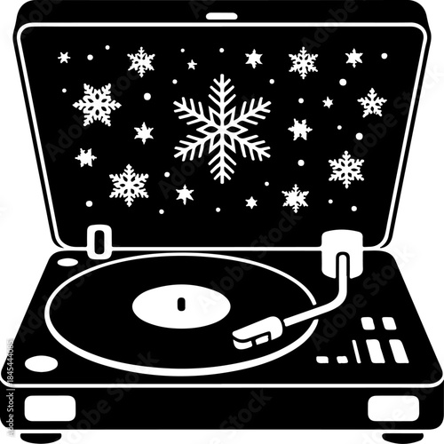 vinyl record player playing Christmas music with snowflakes