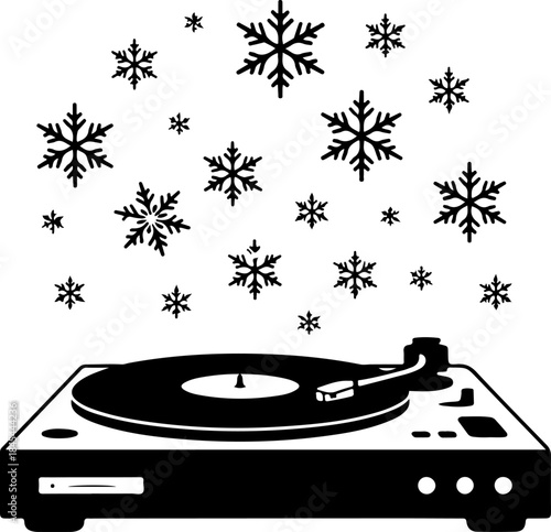 vinyl record player playing Christmas music with snowflakes