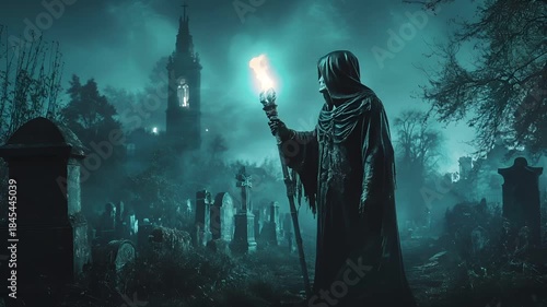 Halloween holiday promotion theme. Spooky scaring. A dark, atmospheric, and atmospheric portrayal of a gothic graveyard scene at night. The main subject is a cloaked figure with glowing blue eyes.