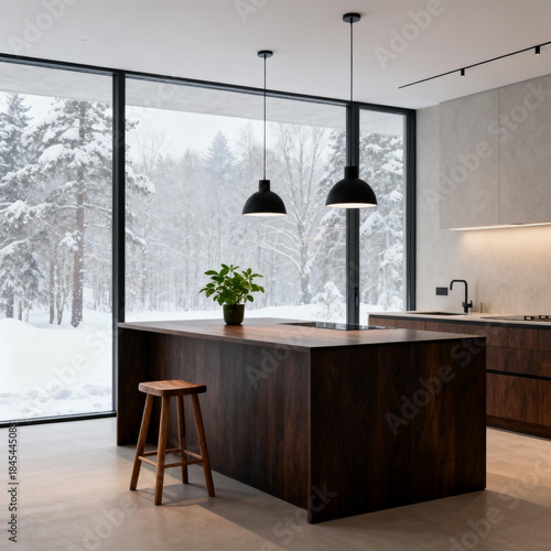 Modern Minimalist Kitchen with Snowy Forest View