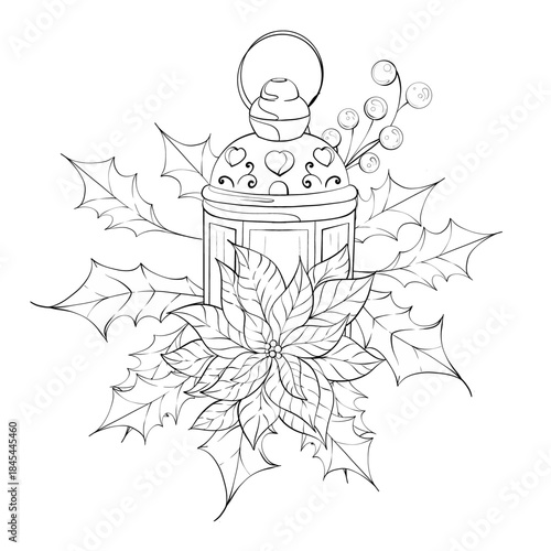 Decorative Lantern With Holly and Poinsettia Festive Winter Design for Coloring or Artistic Projects Featuring Intricate Details Suitable for Relaxation and Creativity
