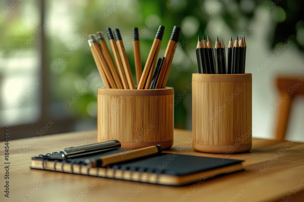 Obraz premium Desk Still Life with Pencils and Notebook
