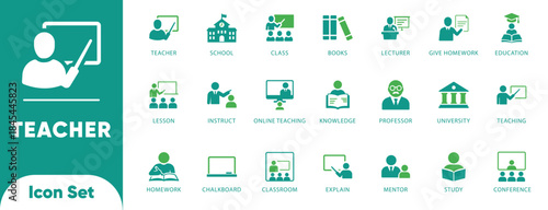 Teacher and education vectors. Features school, class, book, and professor symbols. Ideal for e-learning apps, LMS UI, and academic portals.