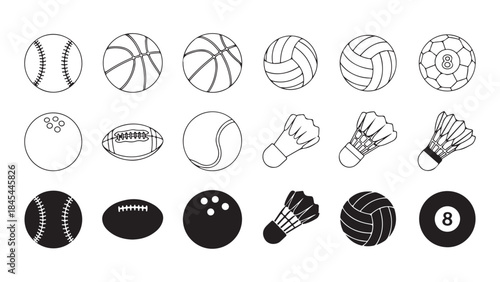  Set of Black and White Vector Sport Balls and Equipment Icons - Tennis, Basketball, Volleyball, Soccer, Rugby, Pool, Bowling Balls, and Shuttlecocks