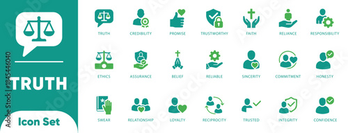 Truth and ethics vectors. Features scales, shield, oath, and promise icons. Ideal for legal UI, corporate compliance, and HR training.