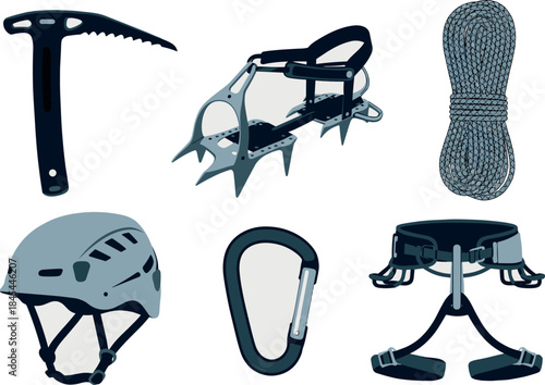 Ice climbing gear collection on a plain background, vector illustration