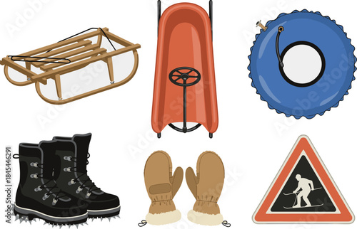 Winter sports equipment and safety sign illustration