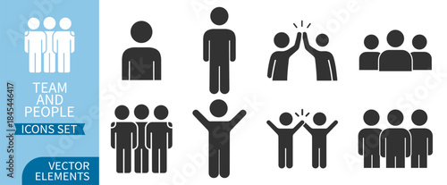 Team and people icons set, human figures and teamwork symbols for business, management and corporate communication, outline vector illustration on transparent background
