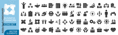 Business teamwork and collaboration icons set, people and management symbols, corporate partnership and leadership vector collection on transparent background