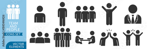 Team and people icons set, human figures and teamwork symbols for business, management and corporate communication, outline vector illustration on transparent background