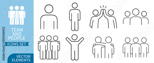 Team and people icons set, human figures and teamwork symbols for business, management and corporate communication, outline vector illustration on transparent background